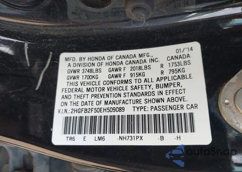 2014 Honda Civic Lx из США, поврежденный, VIN 2HGFB2F50EH509089